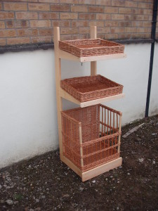 Stand -140cm high x 50 cm wide x 49cm front to back.    Size of baskets on application Beechwood Display Stand with 3 baskets