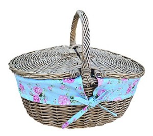 Antique Grey Oval Picnic Basket with Cottage Rose Lining