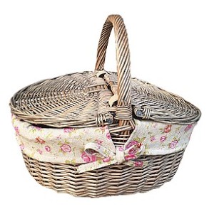 Antique Grey Oval Picnic Basket with Garden Rose Lining