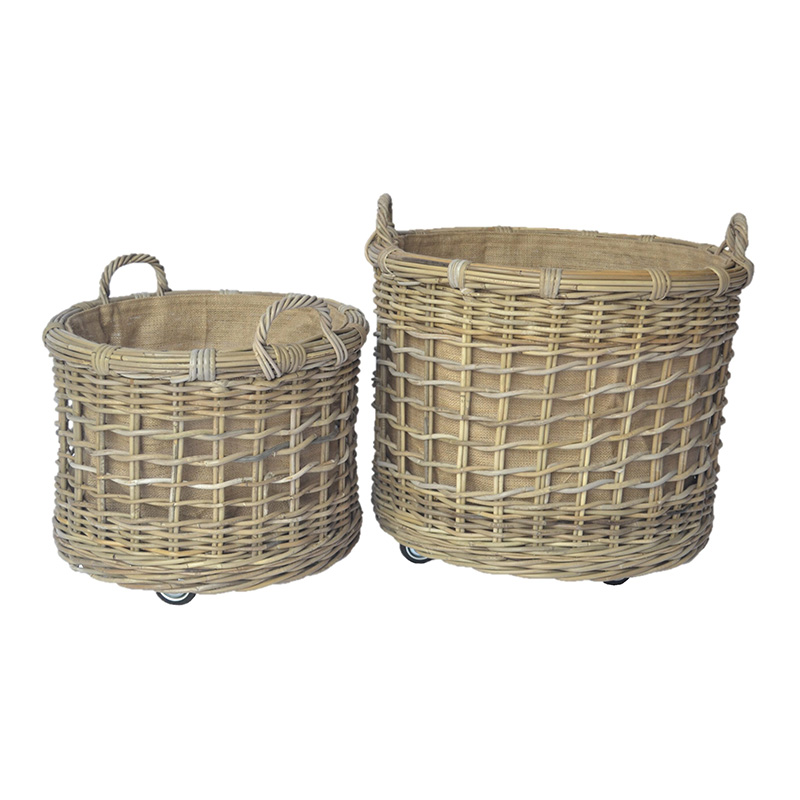 Round Openwork Log baskets with Wheels and Hessian Liner on Velcro