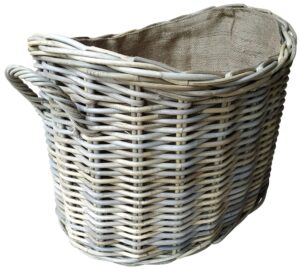 Oval Grey Rattan lined Log Basket with Ear Handles.